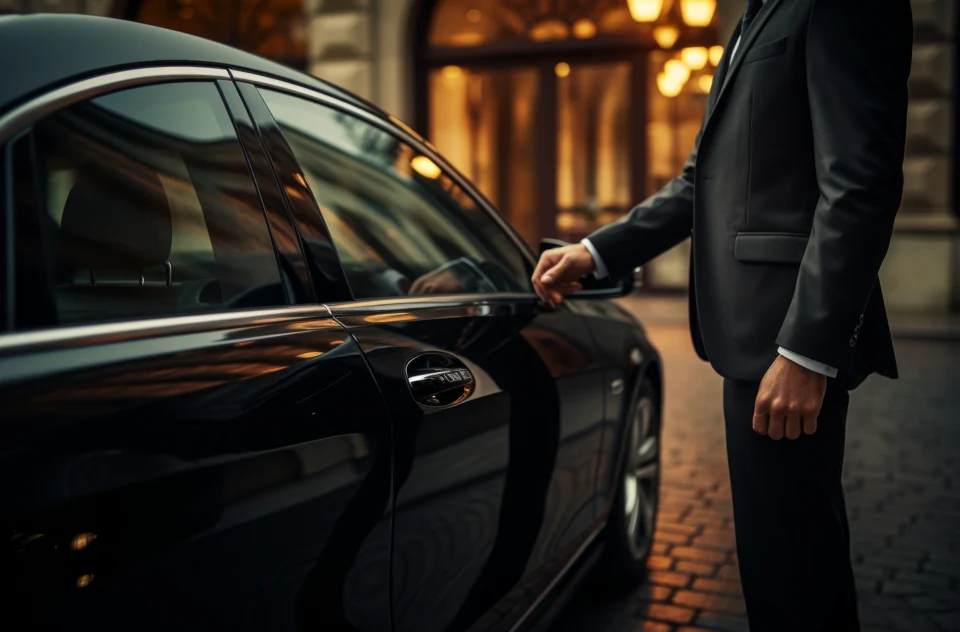 A smartly dressed chauffeur opening the door of a black luxury car.